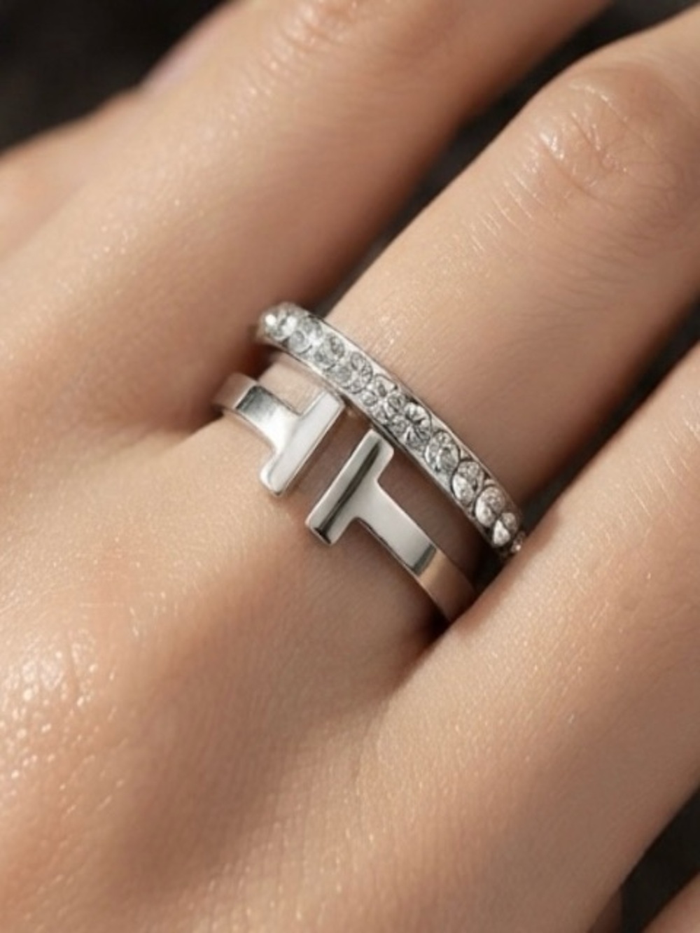 Elegant "H" or double "T" Crystal Women's Ring